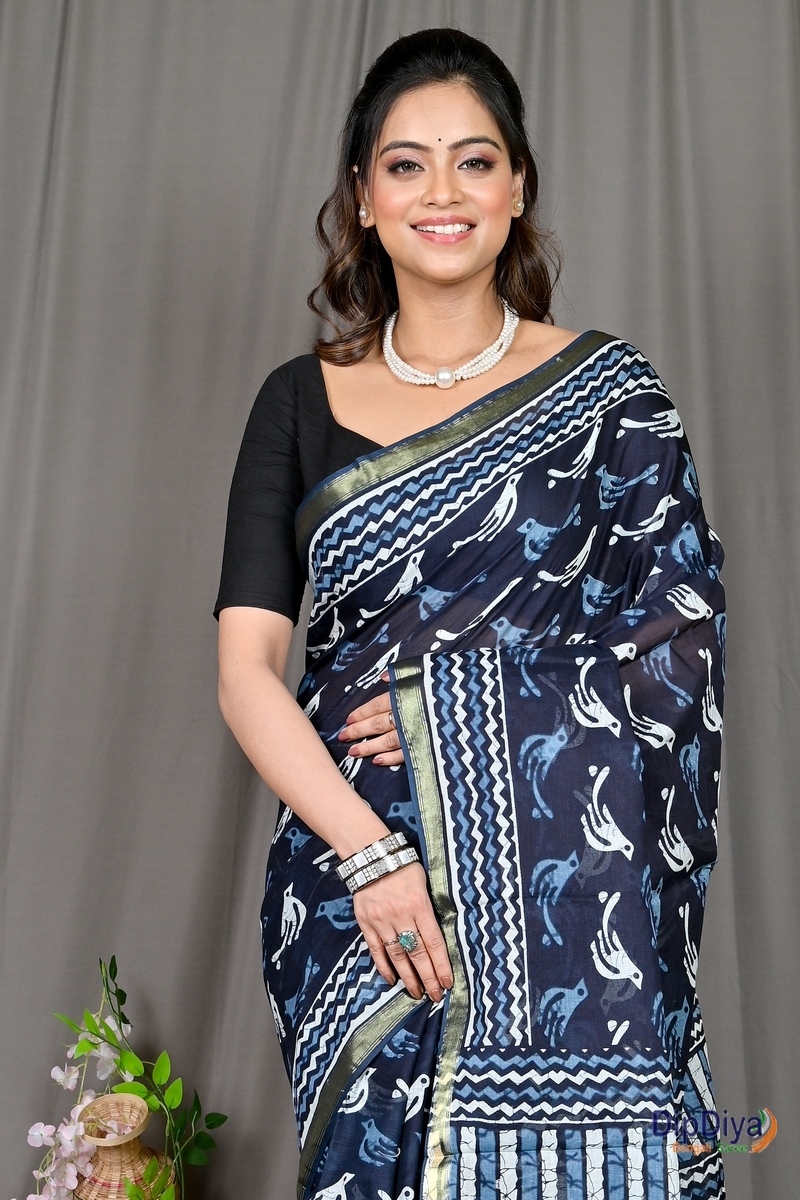 Blue White Cotton Soumava Printed Handloom Saree (590)